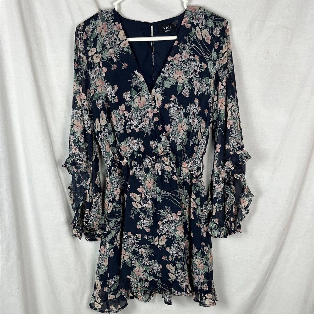 NWOT VICI Navy Blue Floral Long Sleeve Mini Dress